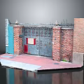 Architectural Scene Structure With Brick Walls Iron Gate Pillars And Red Door Platform 3d model