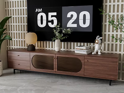 Wooden TV Stand with Table Lamp Vase Plants Books Rabbit Decor on Lattice Wall 3d model