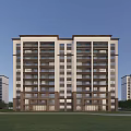 Modern Residential Building With Beige Brown Exterior Multiple Balconies Green Lawn And Surrounding Buildings 3d model