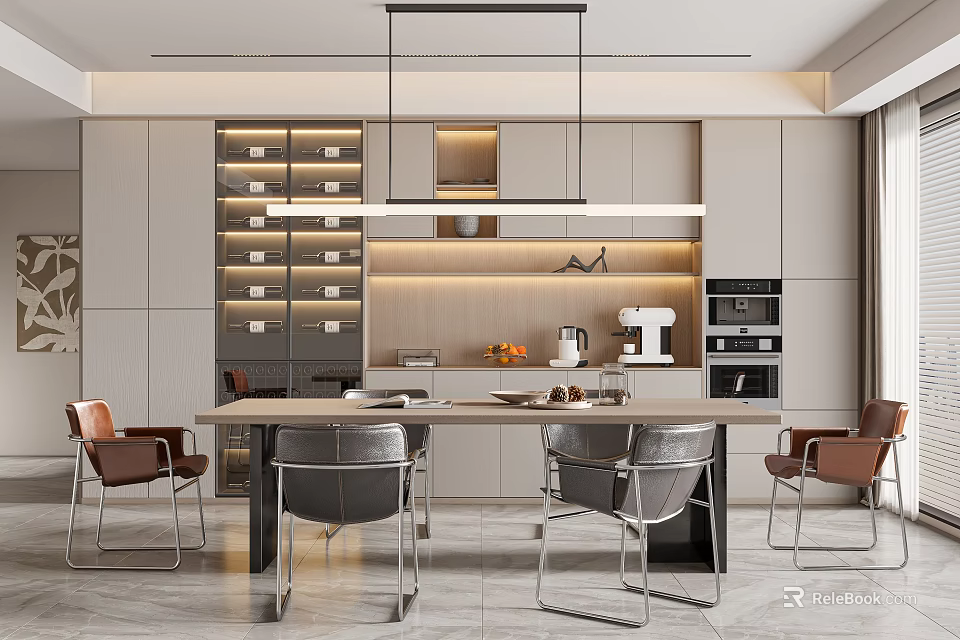 Elegant Modern Restaurant Interior Design With Dining Table Chairs Wine Cabinet And Kitchen Appliances 3d model 