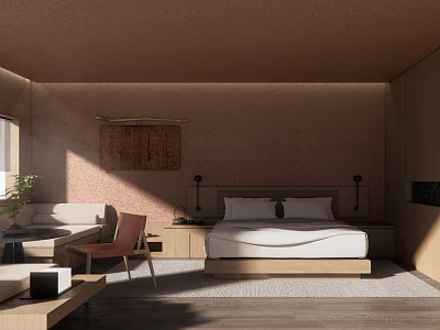 Modern Hotel Room Interior With King Bed Wooden Furniture Table Lamps And Wall Art 3d model