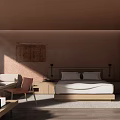 Modern Hotel Room Interior With King Bed Wooden Furniture Table Lamps And Wall Art