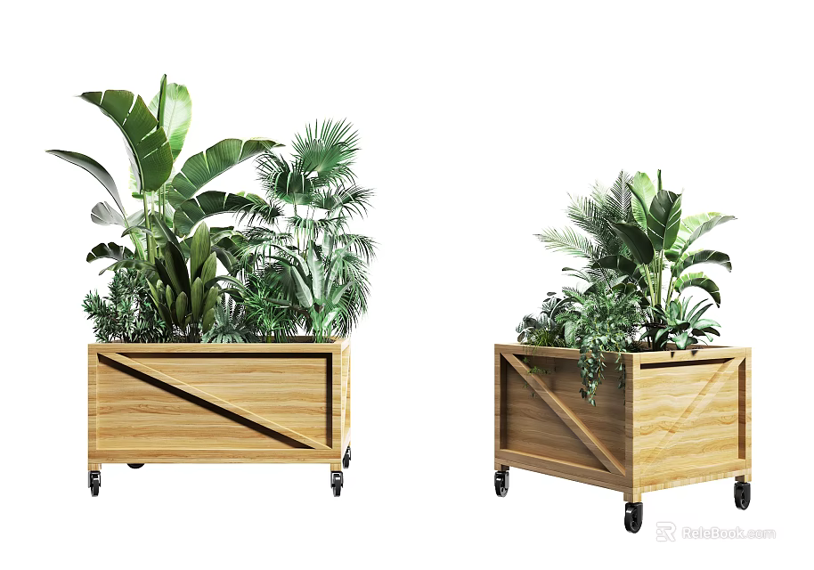 Outdoor Decorative Wooden Flower Planters with Wheels and Lush Green Tropical Plants 3d model 