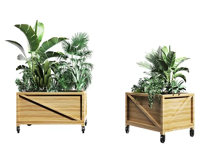 Outdoor Decorative Wooden Flower Planters with Wheels and Lush Green Tropical Plants 3d model