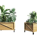 Outdoor Decorative Wooden Flower Planters with Wheels and Lush Green Tropical Plants