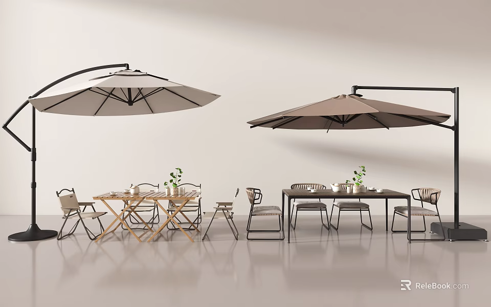 Outdoor Chairs With Umbrellas And Table For Stylish Patio Leisure Setup 3d model 