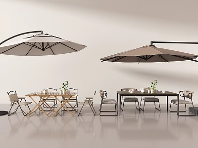 Outdoor Chairs With Umbrellas And Table For Stylish Patio Leisure Setup 3d model