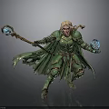 Fantasy Woman in Green Armor and Cloak Crouching with Blue Crystal Staff and Magic Orb