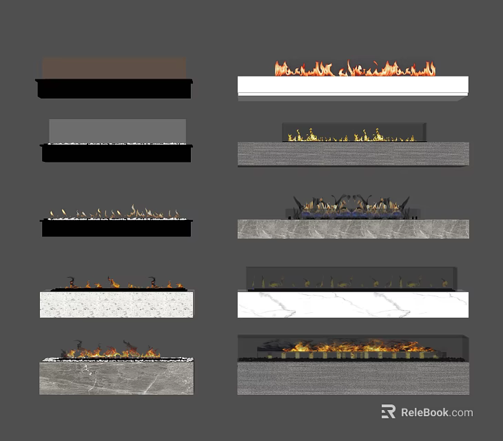 Modern Fireplace Design And Styles With Burning Flames And Various Materials 3d model
