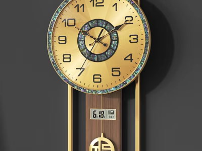 Golden Decorative Wall Clock With Numerals Wooden Pendulum And Date 3d model
