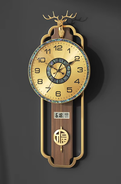 Golden Decorative Wall Clock With Numerals Wooden Pendulum And Date 3d model