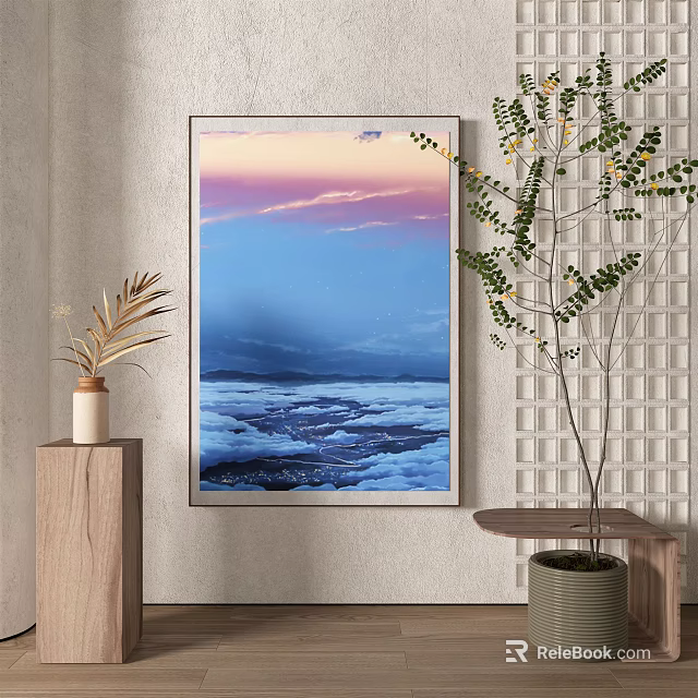 Cloud Sea And Sunset Sky Painting In Modern Interior With Green Plants And Wooden Decor 3d model 