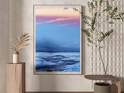 Cloud Sea And Sunset Sky Painting In Modern Interior With Green Plants And Wooden Decor 3d model