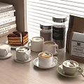 Coffee Cups with Coffee Layered Cake Stack of Books Coffee Canisters and Specialty Coffee Bag