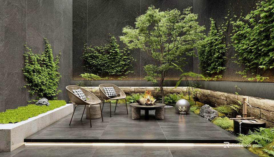 Courtyard Garden Design With Stone Patio Woven Chairs Fire Pit Small Tree And Vine Walls 3d model 