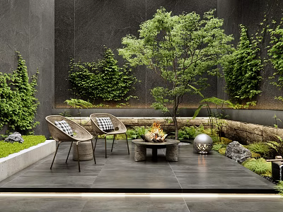 Courtyard Garden Design With Stone Patio Woven Chairs Fire Pit Small Tree And Vine Walls 3d model