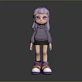 3D Character With Purple Hair Purple Eyes Gray Hoodie Black Shorts And Purple Yellow Shoes