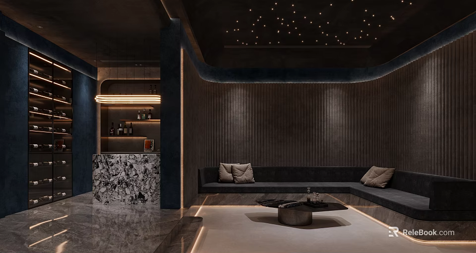 Modern Home Theater Room with Starry Ceiling and Luxe Sofas 3d model 