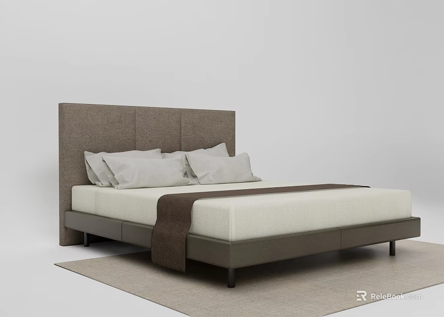 Modern Double Bed With Upholstered Headboard Two Pillows Brown Throw Blanket On Light Colored Rug 3d model
