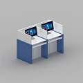 Double Office Workstations With White Top Blue Cabinets And Computer Monitors 3d model