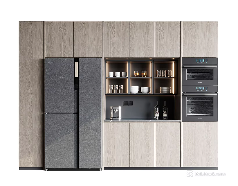 Modern Kitchen With Light Wood And Gray Cabinets Built-in Appliances And Open Shelves 3d model 