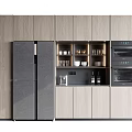 Modern Kitchen With Light Wood And Gray Cabinets Built-in Appliances And Open Shelves