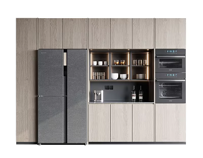 Modern Kitchen With Light Wood And Gray Cabinets Built-in Appliances And Open Shelves 3d model