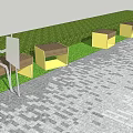 People Sitting On Outdoor Landscape Seats With Yellow Wooden Design Green Hedge And Paved Floor