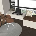 Window White Desk and Pink Chair Set with Laptop Brown Cushion Wooden Floor Round Rug
