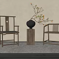 Traditional Chinese Wooden Leisure Chairs With Vase Branches On Beige Wall Background