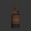 Steampunk Style Weapon With Wooden Barrel Gears And Mechanical Metal Components