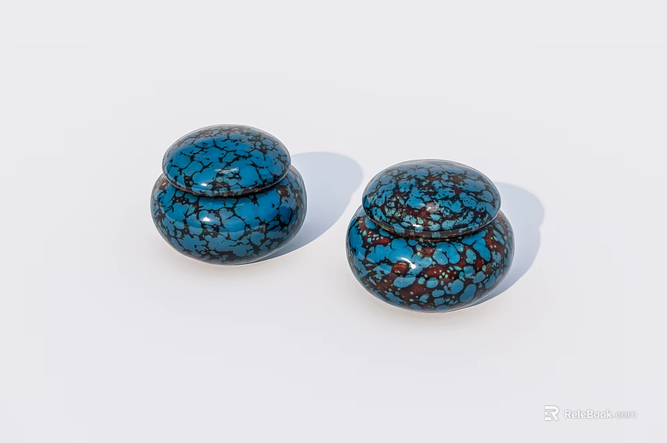 Two Blue Green Ceramic Jars With Crackle Texture And Lids On White Background 3d model 