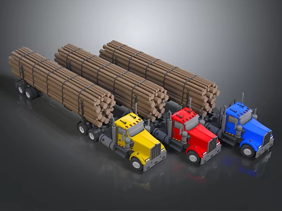 Yellow Red Blue Trucks Transporting Wood Logs on Flatbed Trailers 3d model