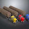 Yellow Red Blue Trucks Transporting Wood Logs on Flatbed Trailers 3d model