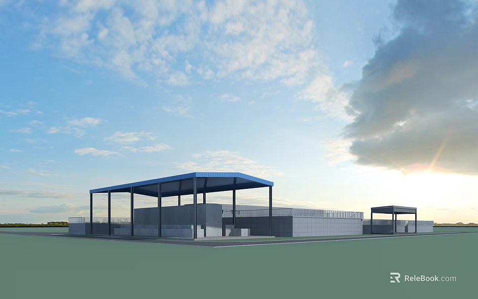 Modern Architectural Structure Featuring Blue Roof Open Area And Cloudy Sky 3d model