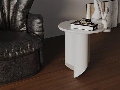 White Round Side Table Beside Black Leather Armchair With Books And Figurines On Wooden Floor 3d model