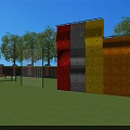 Colorful Outdoor Playground Climbing Wall Equipment With Red Yellow Gray Panels And Green Lawn