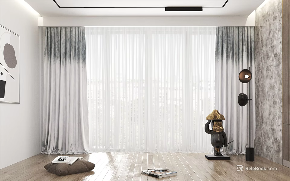 Gray Ombre Curtains With Sheer White Panels In Modern Interior Window 3d model