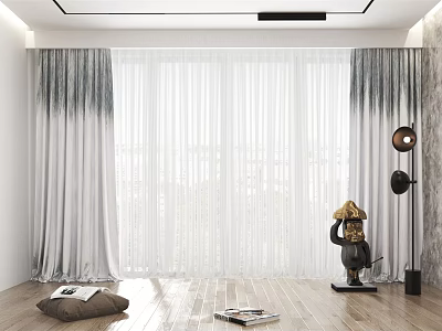 Gray Ombre Curtains With Sheer White Panels In Modern Interior Window 3d model
