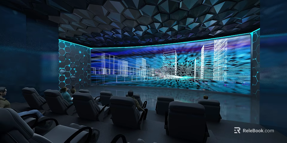 Modern Cinema With Curved Screen Comfortable Seats Geometric Ceiling And City Night View Projection 3d model 