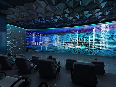 Modern Cinema With Curved Screen Comfortable Seats Geometric Ceiling And City Night View Projection 3d model