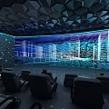 Modern Cinema With Curved Screen Comfortable Seats Geometric Ceiling And City Night View Projection