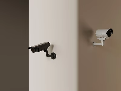 Black And White Security Cameras Mounted On Wall For Surveillance Setup 3d model