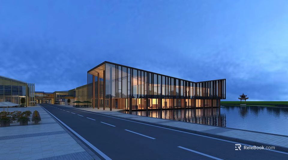 Modern Commercial Street With Glass Facade Evening Lighting And Waterfront Road 3d model 