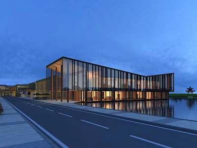 Modern Commercial Street With Glass Facade Evening Lighting And Waterfront Road 3d model