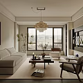 Modern Living Room Interior With Grey Sofa Coffee Table Chandelier And Window Blinds