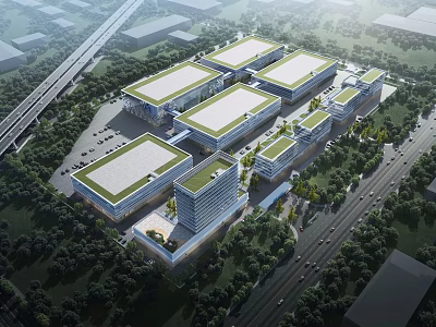 Modern Industrial Factory Complex With Multiple Buildings Green Roofs And Trees 3d model