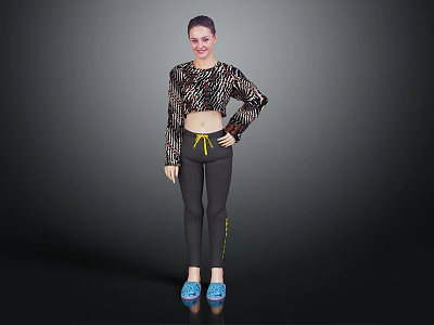 Smiling Female Character In Leopard Top With Pet Dog Wearing Black Leggings And Blue Shoes 3d model