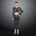 Smiling Female Character In Leopard Top With Pet Dog Wearing Black Leggings And Blue Shoes