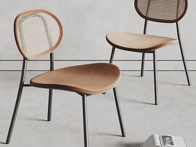 Modern Dining Chairs With Rattan Backrest Brown Seat And Black Metal Legs 3d model